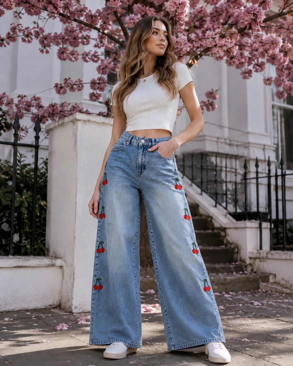 Almost Famous Ultra 90s Cherry Embroidered Wide Leg Jeans NWT Size 9 Cuffed